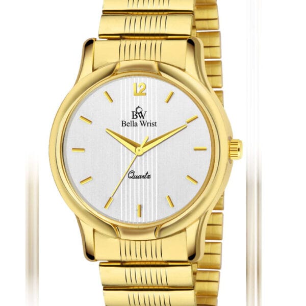Wild world lifestyle golden Chain Analog white dial wrist watch for office and casual wear with day & date feature - For men