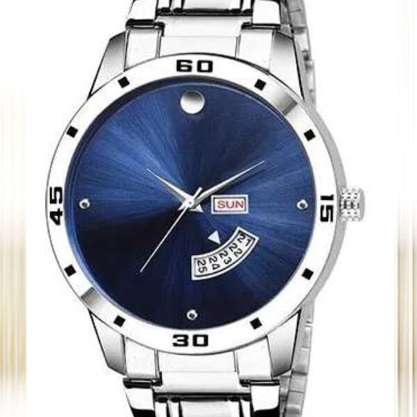 WATCH blue dial day & date working dial analogue watch with stylish Chain