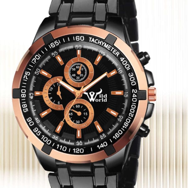 LUXURY FASHION ROSE GOLD DIAL STAINLESS STEEL BLACK CHAIN TRENDY ANALOG WATCH FOR MEN