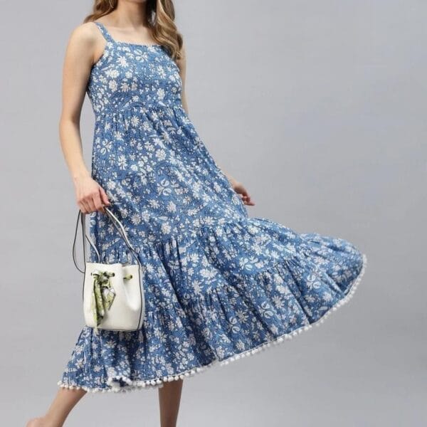 Women's Blue Cotton Midi Dress
