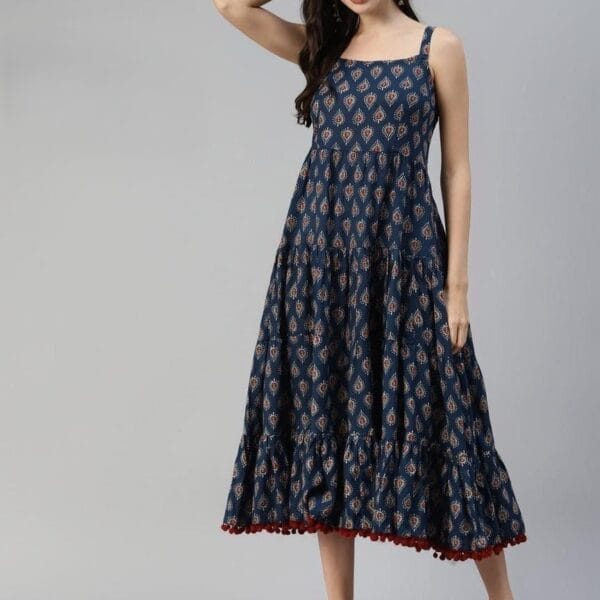 Women's Navy Blue Cotton Midi Dress