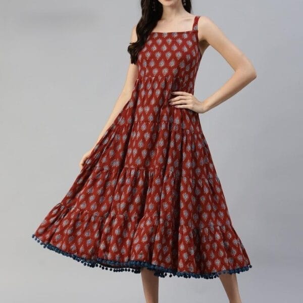 Women's Maroon Cotton Midi Dress