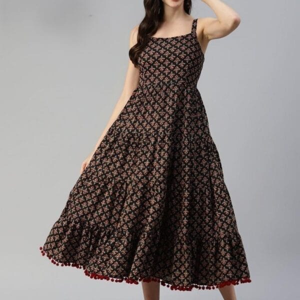 Women's Black Cotton Midi Dress