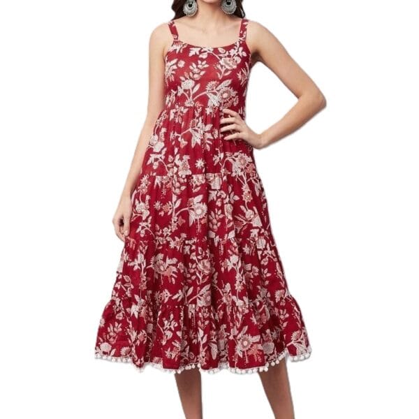 Women's Red Cotton Midi Dress
