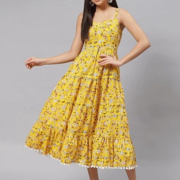 Women's Yellow Cotton Midi Dress