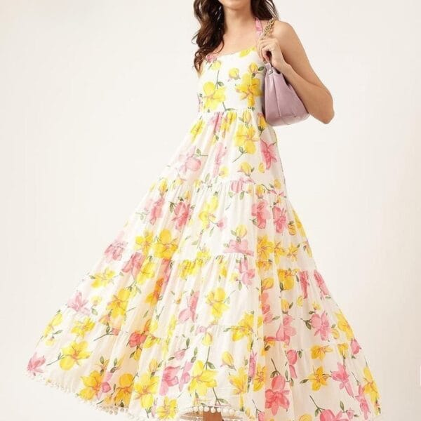 Women's Yellow Floral Halter Midi Dress