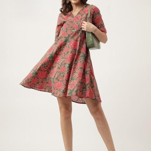 Women's Red Floral Print Short Cotton Dress