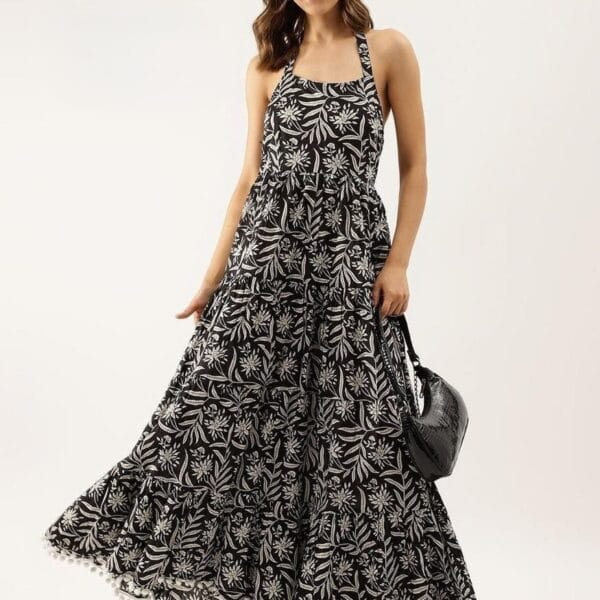 Women's Black & White Halter Midi Dress