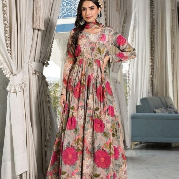 Floral Printed Embroidered Ethnic Dress with Dupatta