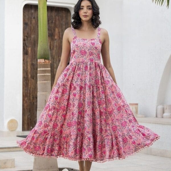 Women's Pink Floral Print Cotton Midi Dress