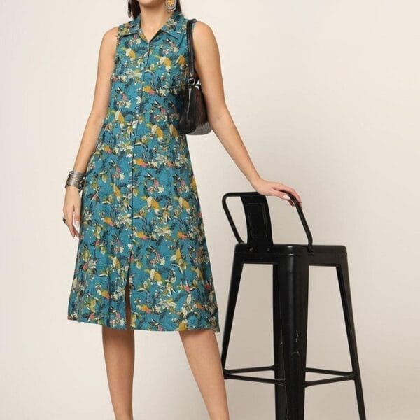 Women's Deep Blue Floral Printed Midi Dress