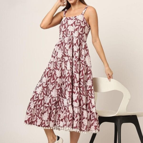 Women's Light Brown Floral Print Cotton Midi Dress