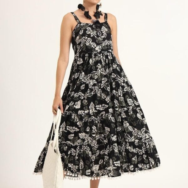 Women's Black Floral Print Cotton Midi Dress