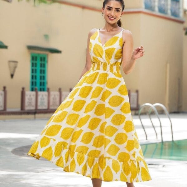 Women's Yellow Tropical Printed Midi Dress
