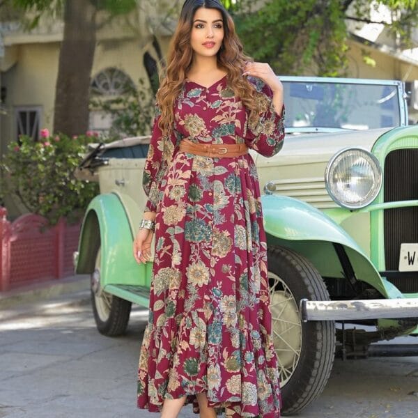 Women's Maroon Floral Print Maxi Dress