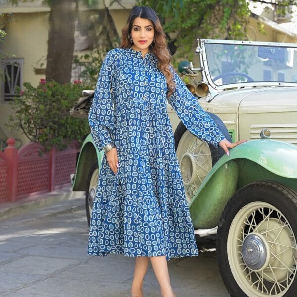 Women's Blue Floral Print Cotton Midi Dress