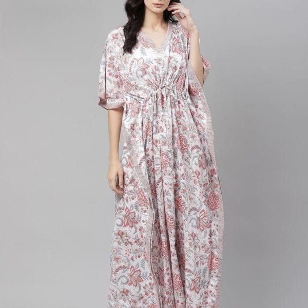 Women's White Floral Print Kaftan