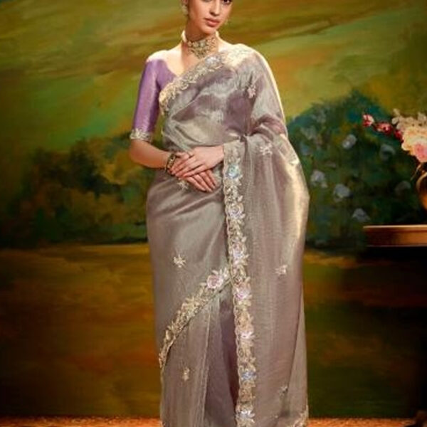 Slate Grey Heavy Embroidered Designer Silk Saree With contrast Blouse