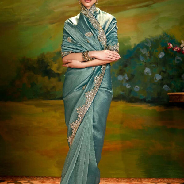 Rama blue embroidered organzaa saree
