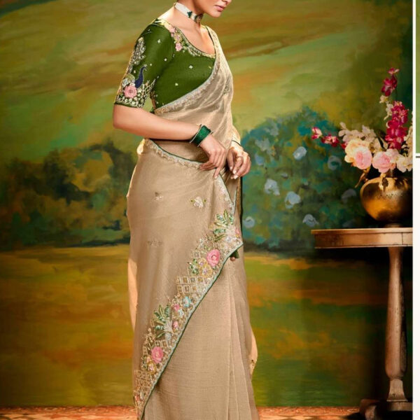 Flax Gold Saree With Embroidery And Handwork Designer Cut Border