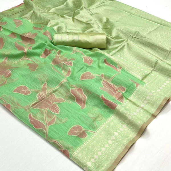 Linen Fabric light weight saree with zari weaving and unstitched blouse- Light Green