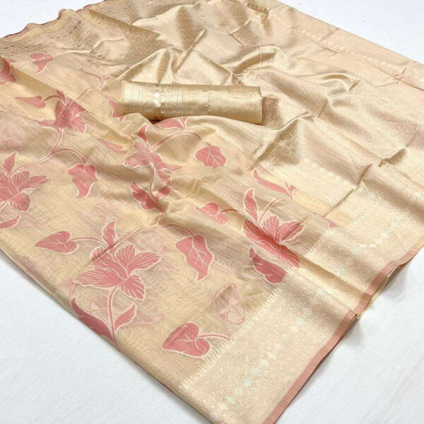 Linen Fabric light weight saree with zari weaving and unstitched blouse- Off White