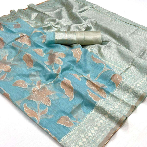 Linen Fabric light weight saree with zari weaving and unstitched blouse- Blue