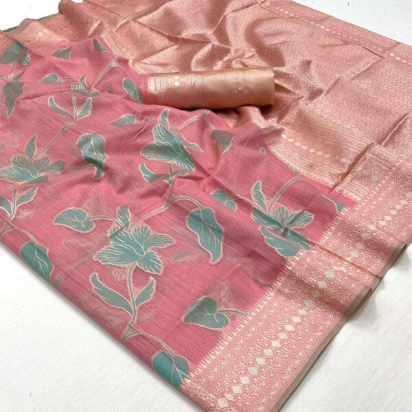 Linen Fabric light weight saree with zari weaving and unstitched blouse- Pink