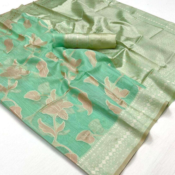 Linen Fabric light weight saree with zari weaving and unstitched blouse- Green
