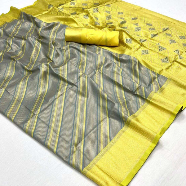 Grey And Lemon Yellow Banarasi Silk Saree
