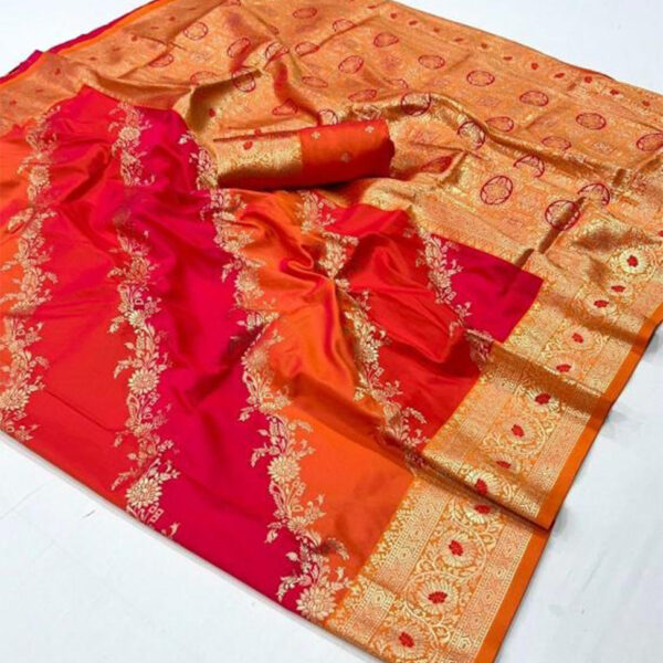 Vermilion Orange–Gold Satin Silk Saree