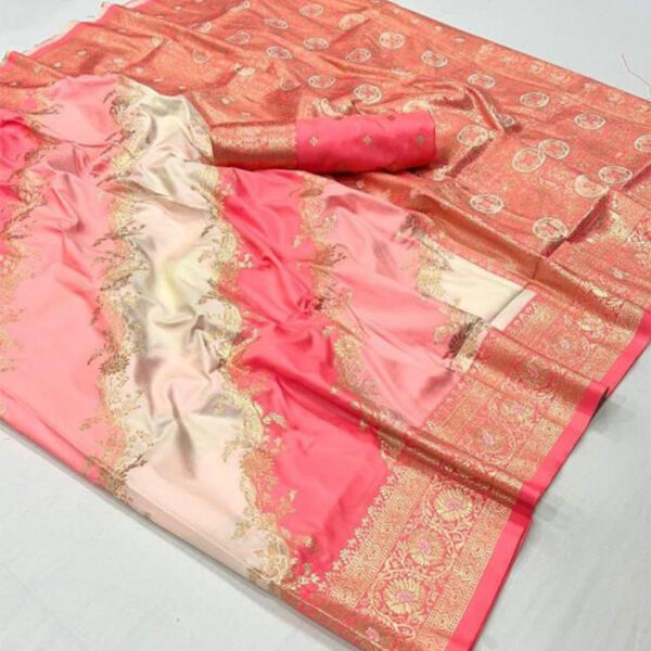 Blush Coral–Silver Satin SIlk Saree