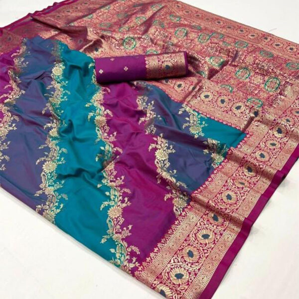 Fuchsia–Teal Blue Satin Silk Saree