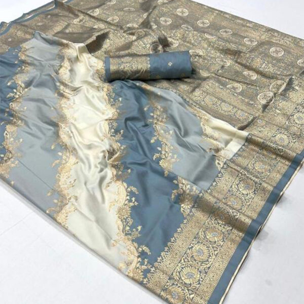 Pearl Grey–Ivory Satin Silk Saree