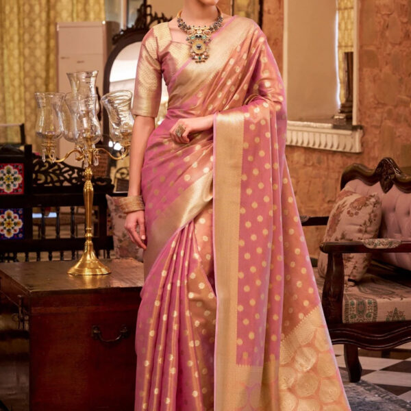 Rose Pink Banarasi Tissue Silk Saree