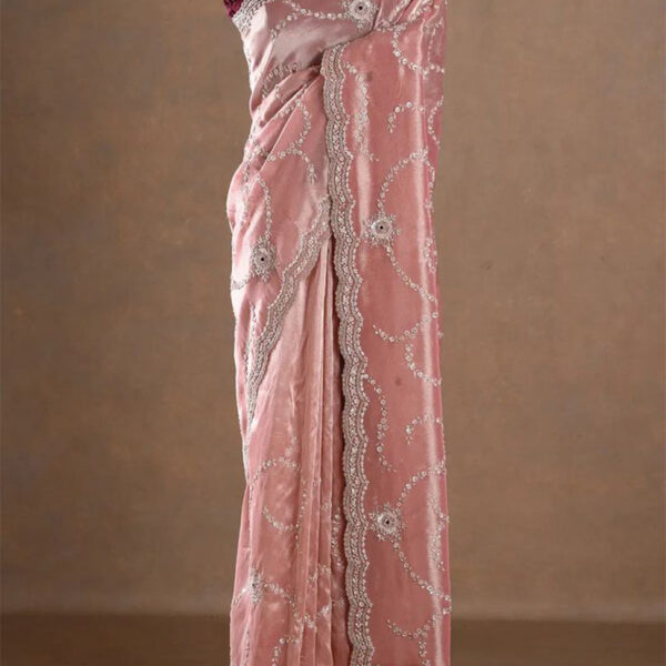 Pink Lavender Sequins Embroidered Tissue Designer Saree with Unstitched Blouse