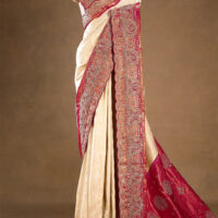 Cream Zardosi Embroidered Kanchipuram Brocade Silk Designer Saree with Unstitched Contrast Blouse
