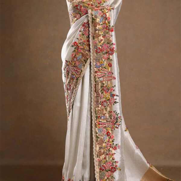 Silver Resham Embroidered Tissue Designer Saree with Unstitched Blouse