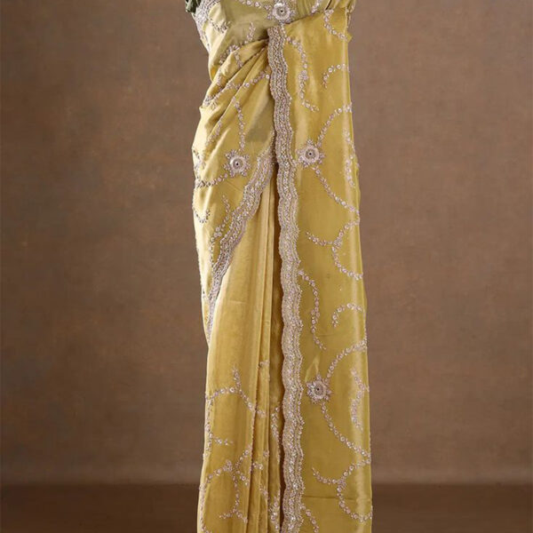 Lime Yellow Pearl Embroidered Tissue Designer Saree with Unstitched Blouse