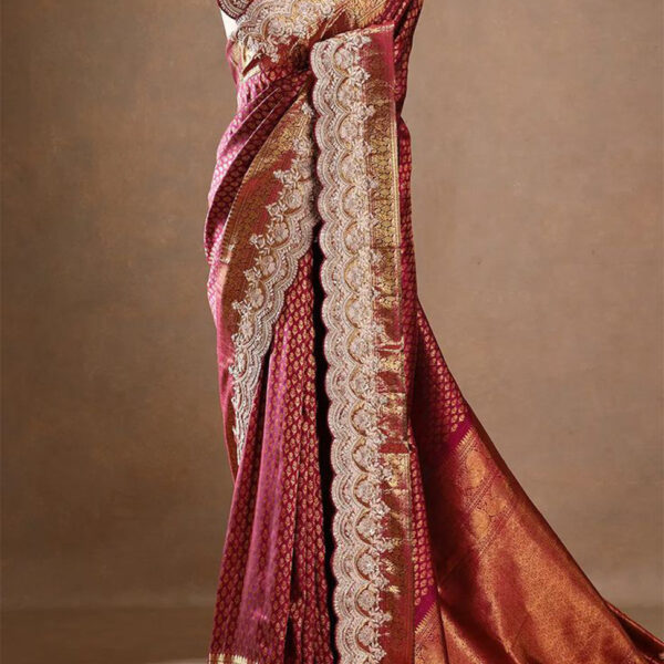 Violet Purple Kanchipuram Silk Saree with Embroidered Border and Unstitched Blouse