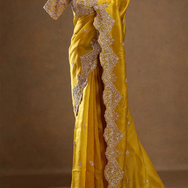 Golden Yellow Sequins Embroidered Organza Designer Saree with Readymade Half Sleeves Blouse
