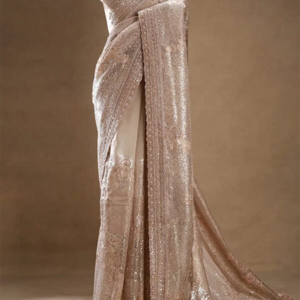 Beige Tissue Designer Saree with Resham Embroidery and Unstitched Blouse