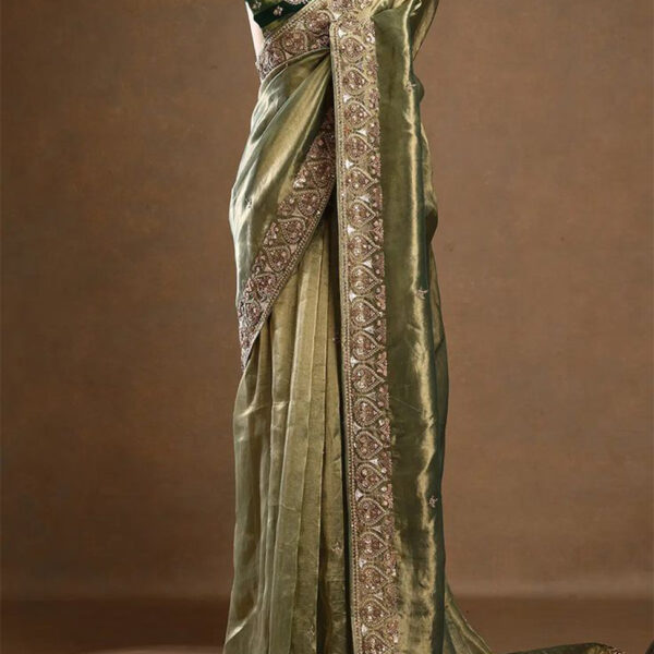 Green Zardosi Embroidered Tissue Designer Saree with Unstitched Blouse