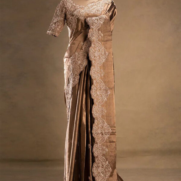 Brown Tissue Designer Saree with Embroidered Readymade Blouse