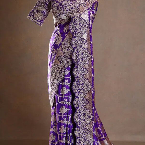 Imperial Purple Zari Embroidered Banarasi Silk Designer Saree with Readymade Elbow Sleeves Blouse