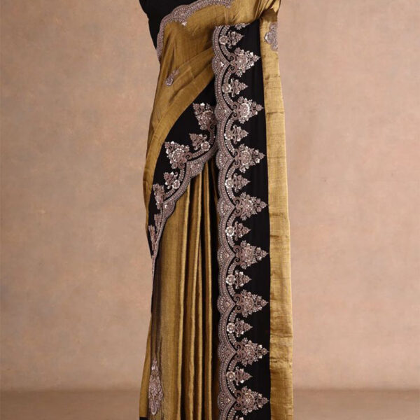 Gold Tissue Designer Saree with Bead Work and Unstitched Blouse