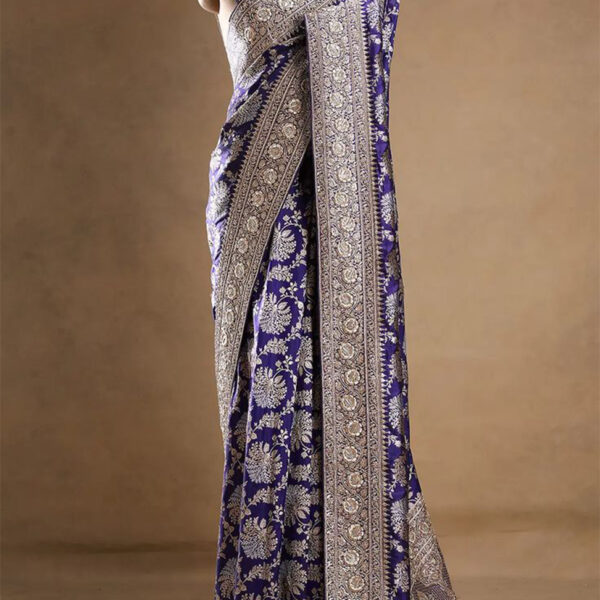 Royal Blue Zari Woven Banarasi Silk Saree with Embroidered Border and Unstitched Blouse