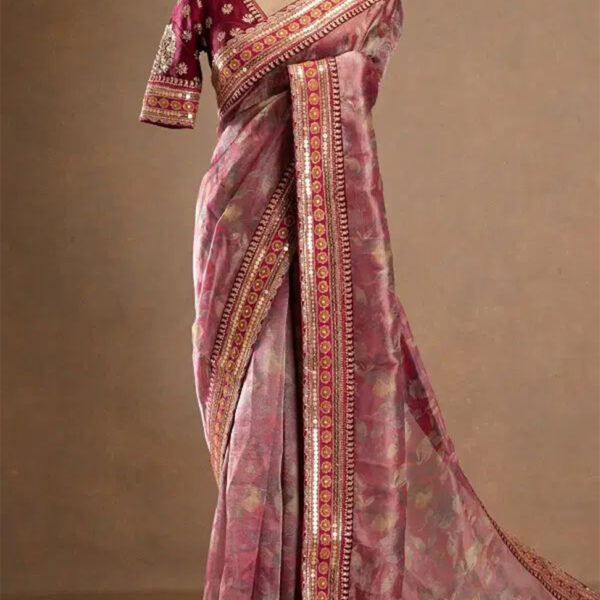Pink Printed Tissue Organza Designer Saree with Embroidered V Neck Blouse