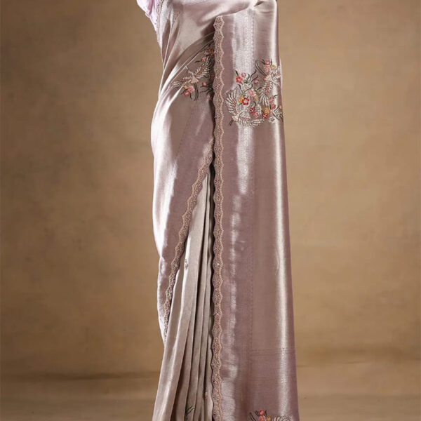 Pink Lavender Zari Woven Tissue Designer Saree with Embroidered Border and Unstitched Blouse