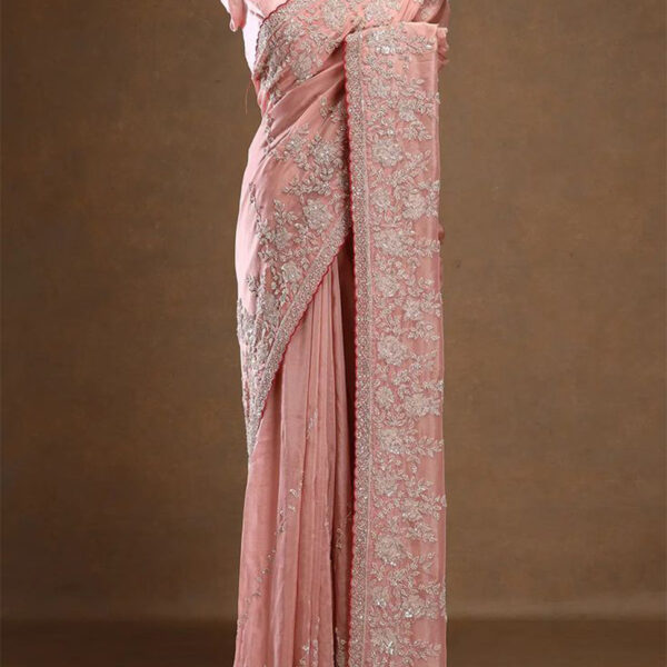 Baby Pink Sequins Embroidered Tissue Saree with Unstitched Blouse
